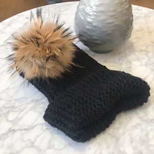 Hand knitted wool cashmere hat fox fur Pom Pom